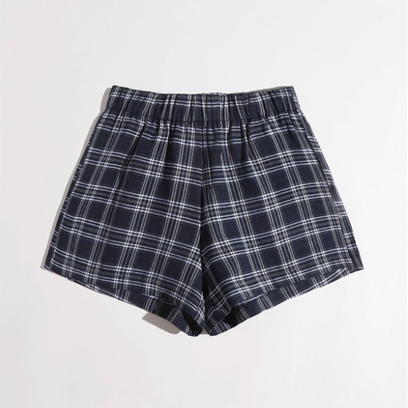 Elastic Waist Plaid Shorts Blue - Femboy Fashion