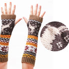 Knitted arm warmers with reindeer pattern on a white background