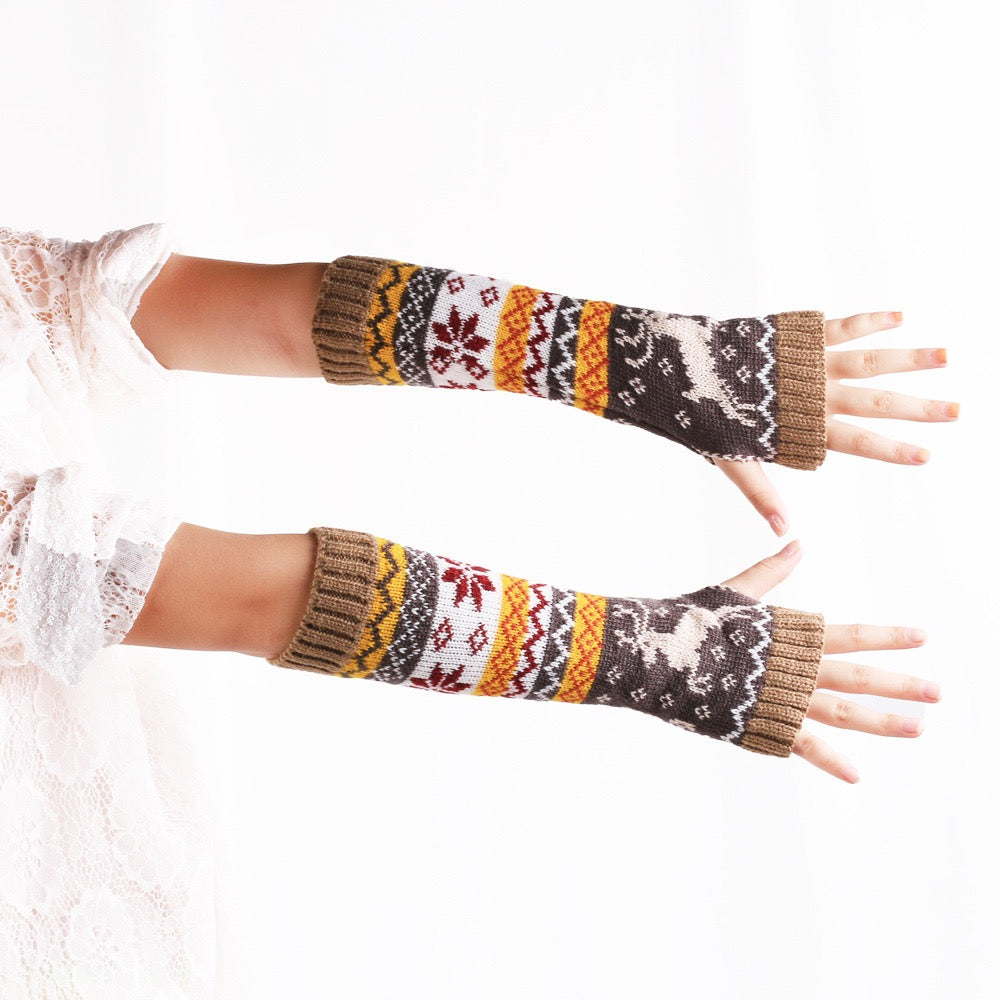 elk fingerless knit arm warmers on a white background
