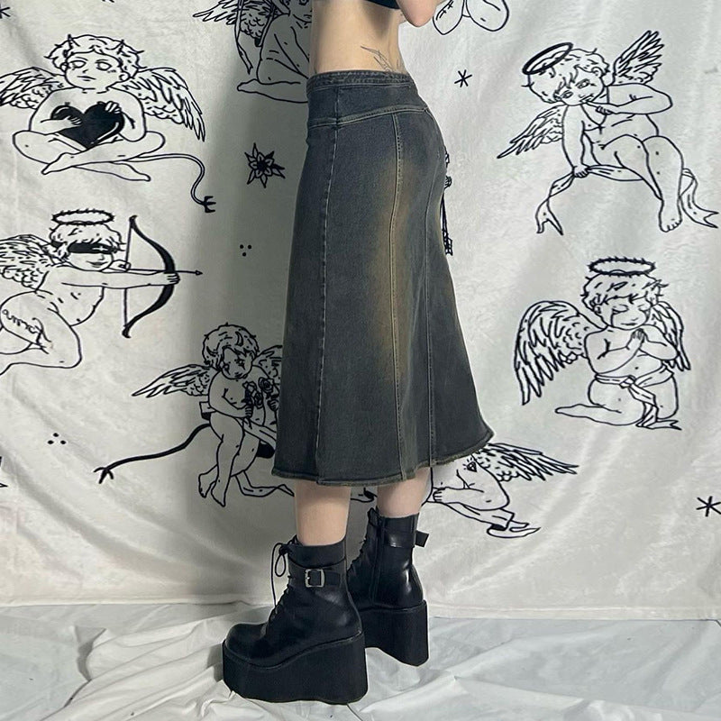 Acid Wash Midi Denim Skirt - Femboy Fashion