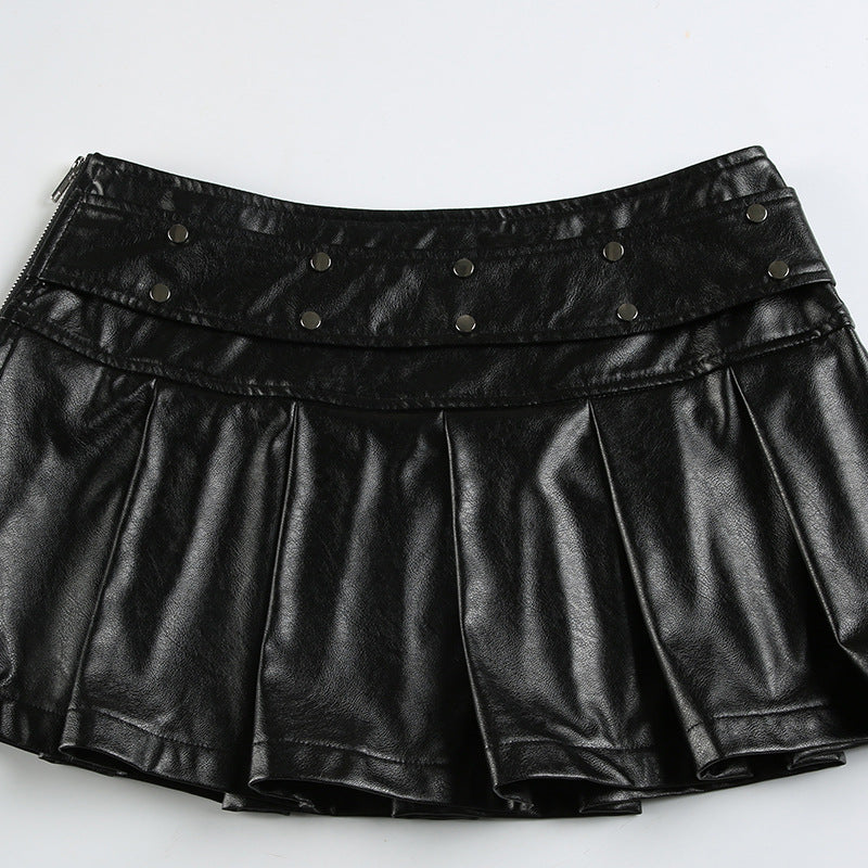 Femboy black leather pleated mini skirt material details