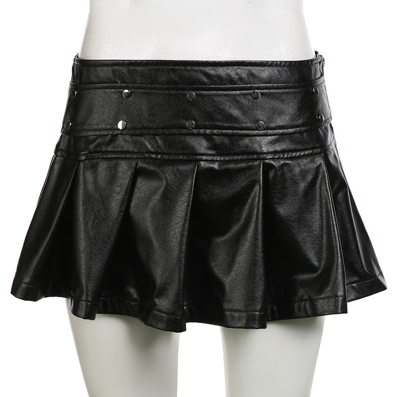 Femboy black leather pleated mini skirt front