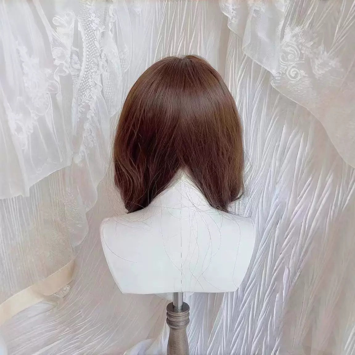 Femboy chocolate brown elegant curl wig back