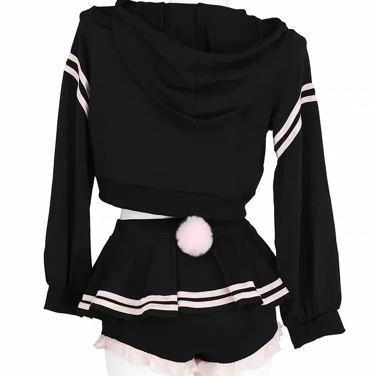 Femboy black crop hoodie and mico skirt set back