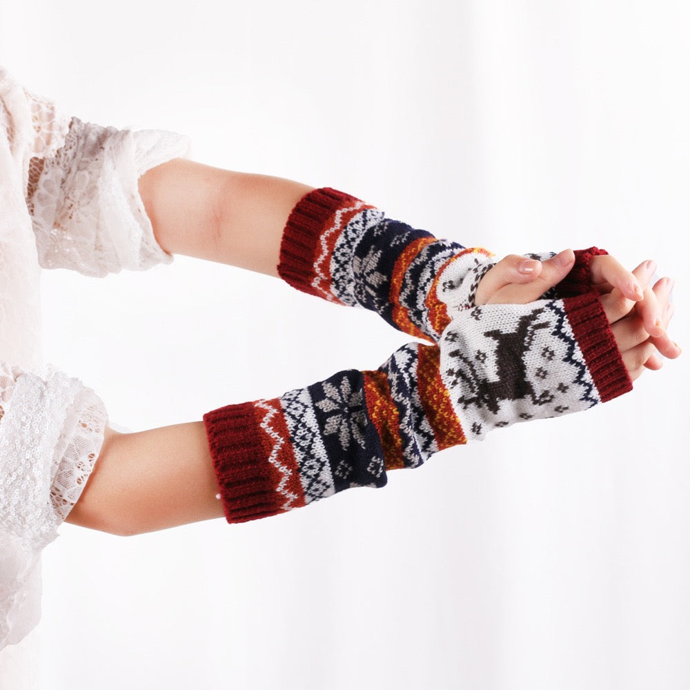 elk fingerless knit arm warmers on a white background