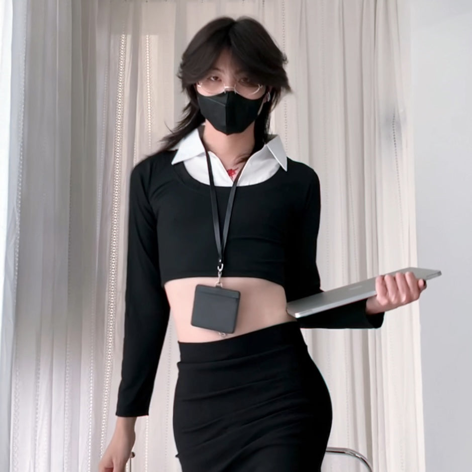 Femboy wear a fashion black silm fake two piece crop top