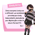 Character in a striped outfit with text about body measurements for a mystery box order.