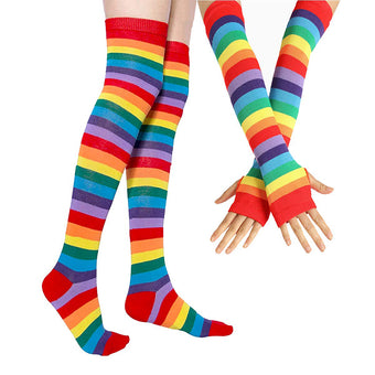 Pastel Femboy Rainbow Thigh-High Socks & Gloves Set