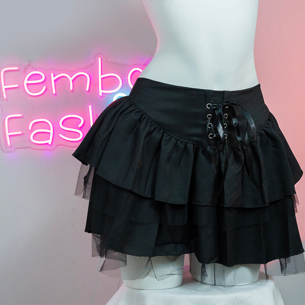 Femboy Fashion sexy black lace layered skirt