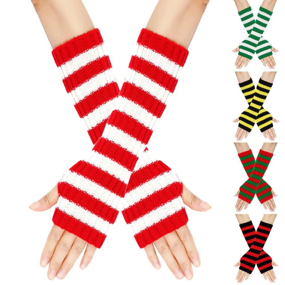 Red and white striped arm warmers on a white background