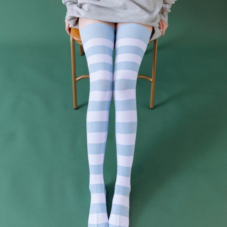 Femboy in 80cm extra long blue and white striped thigh high socks