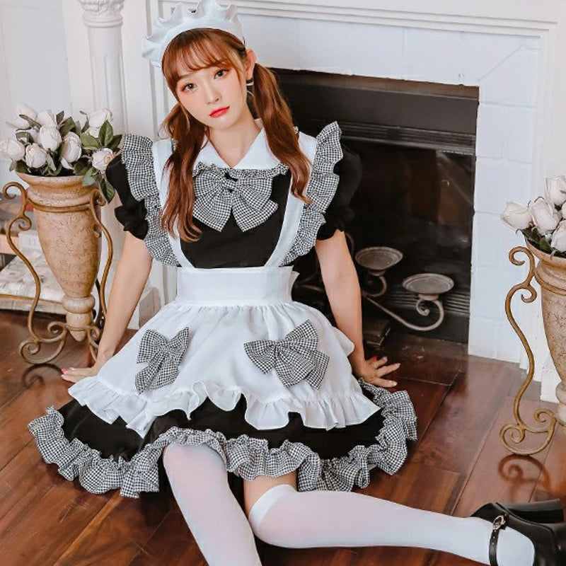 Black And White Plaid Lolita Maid Dress - Femboy Fashion