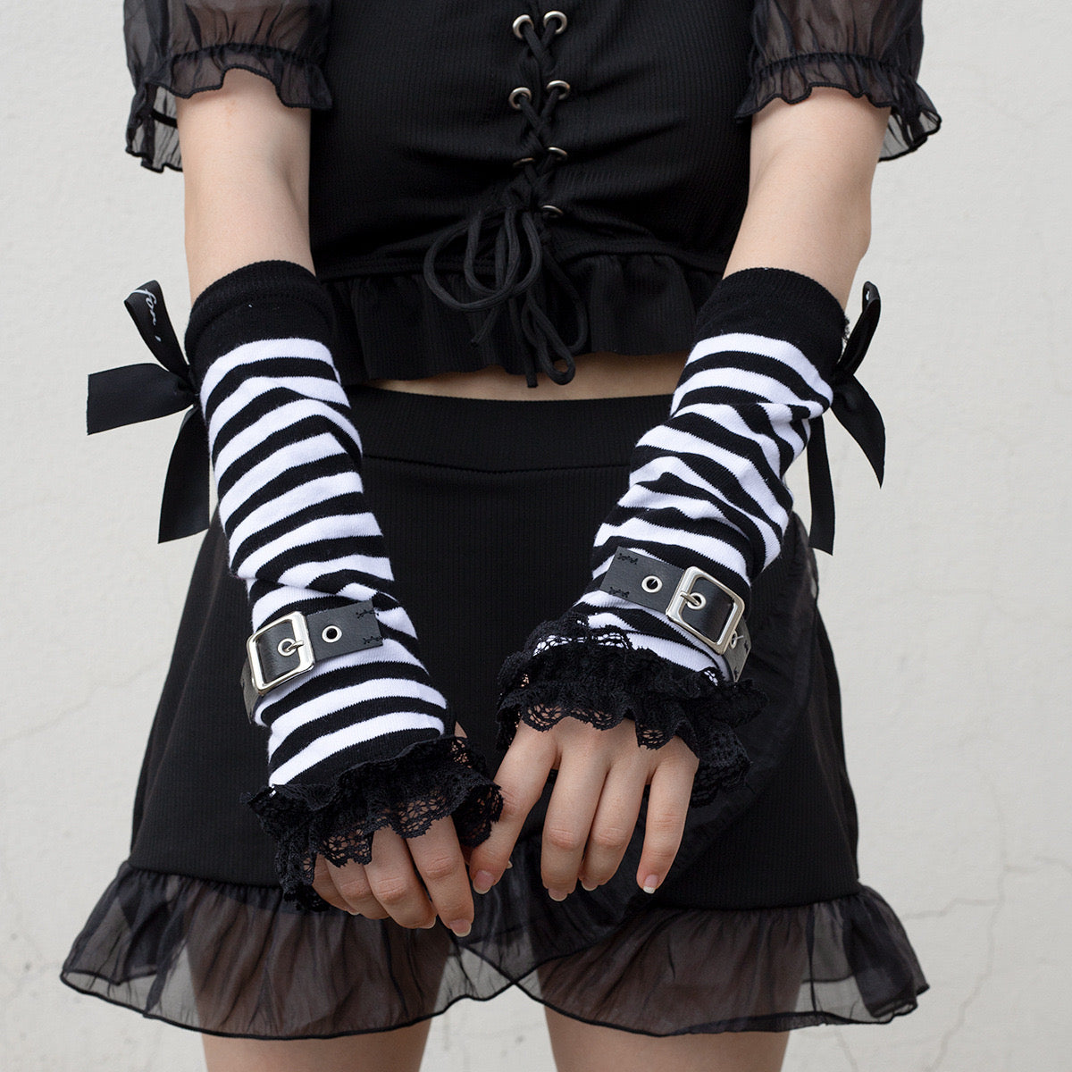 Gothic Black And White Striped Arm Warmers