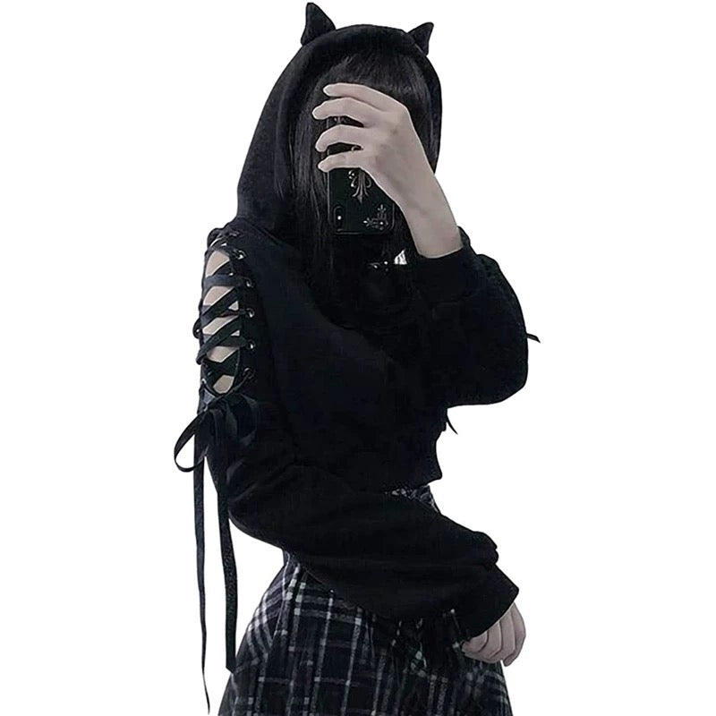 Femboy in black cat crop hoodie with ears with black plaid skirt