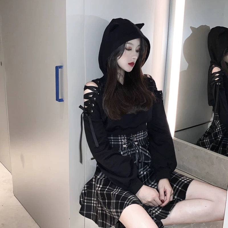 Femboy in black cat crop hoodie with ears with skirt