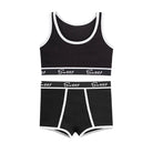 Femboy in black cotton sport tank and boyshorts set