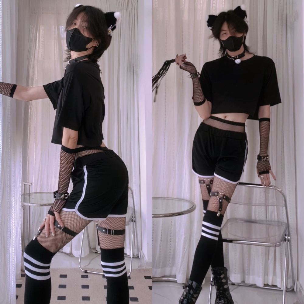 Femboy In Black Dolphin Short And Crop Top Set