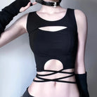 Black sleeveless top with cut-out design on a plain background