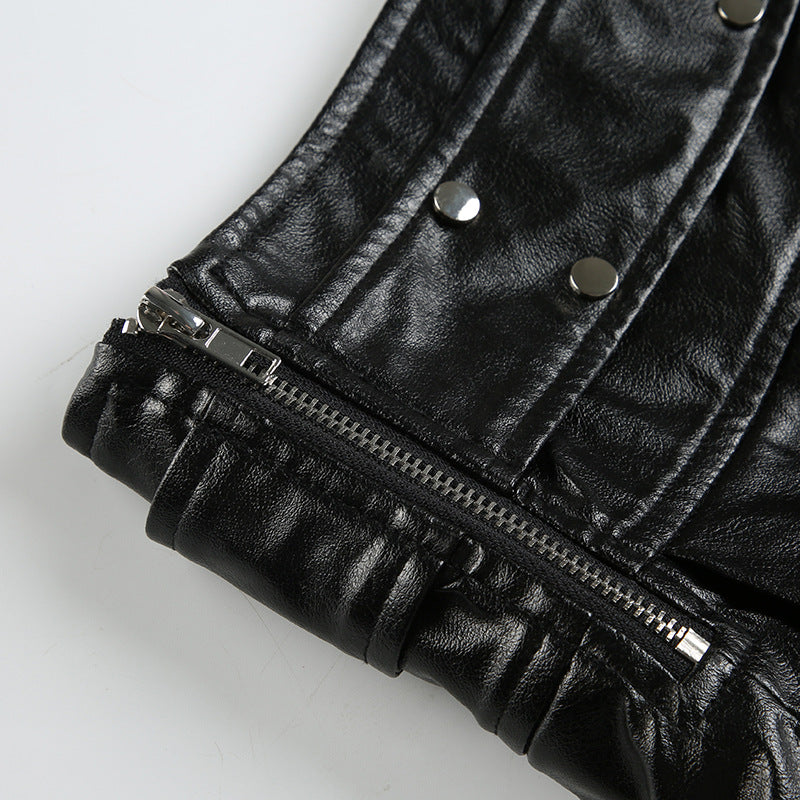 Femboy in black leather pleated mini detail