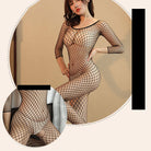 Femboy in black long sleeve crotchless fishnet bodystocking detail