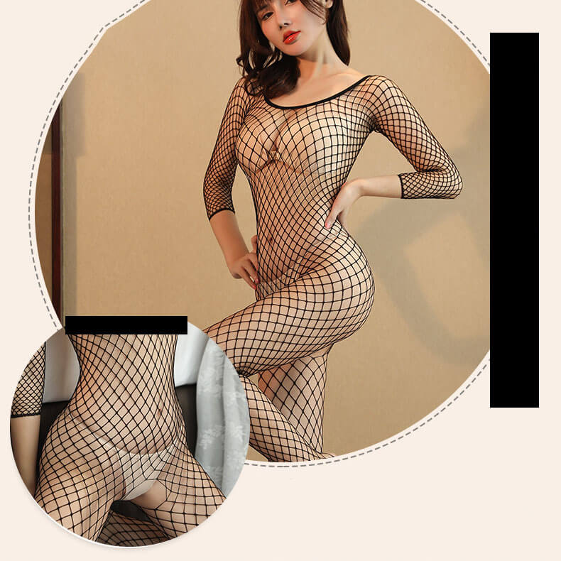 Femboy in black long sleeve crotchless fishnet bodystocking detail