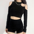 Black Long Sleeve Cut Out Shoulder Crop Top - Femboy Fashion