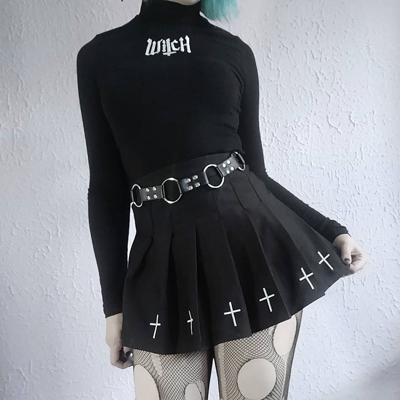 Femboy Wear A Black Pleated Skirt With Cross And Black Long Sleeve Top - Femboy Fashion