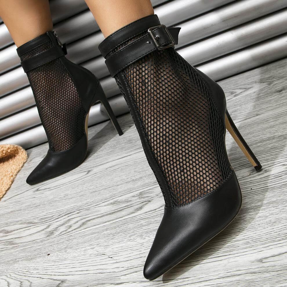 Femboy in black pointed toe high heel mesh ankle boots