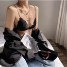 Femboy in black sexy french lace thin strap bra