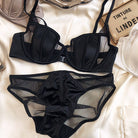 Femboy in black sexy satin lace bra and panty set