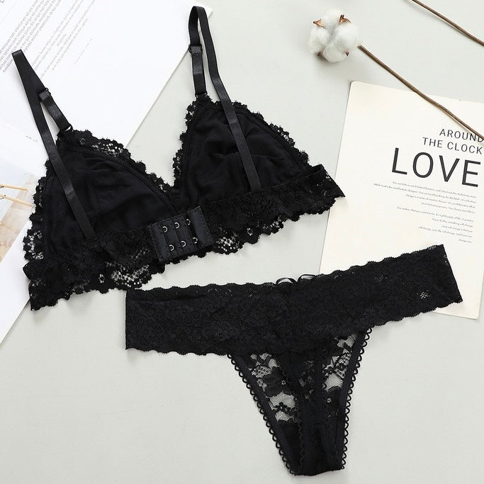 Femboy in black sexy sheer floral lace bra and panty set