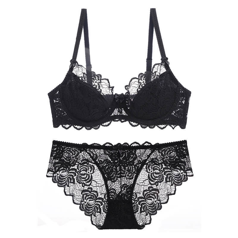 Femboy in black sexy sheer floral lace bra and panty set