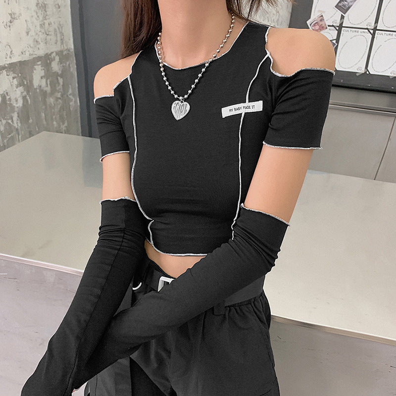 Black Shoulder Cut-Out Crop Top - Femboy Fashion