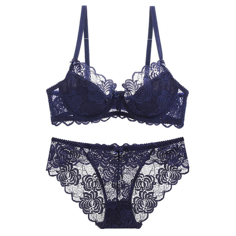 Femboy in blue sexy sheer floral lace bra and panty set