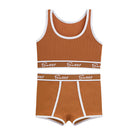 Femboy in brown cotton sport tank and boyshorts set