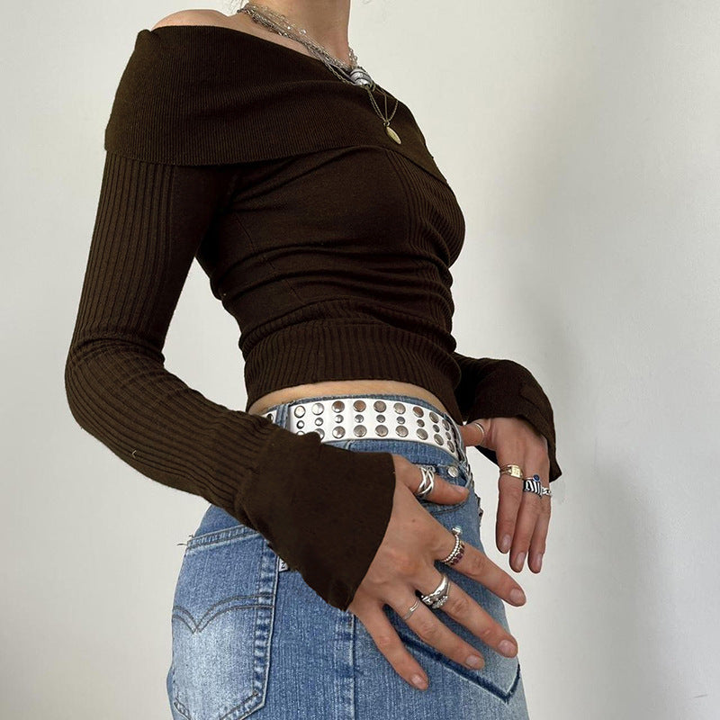 Femboy in brown off shoulder knit fitted pullover