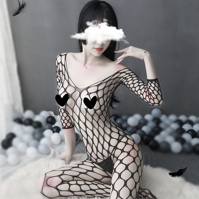 Femboy in crotchless mesh bodystocking long