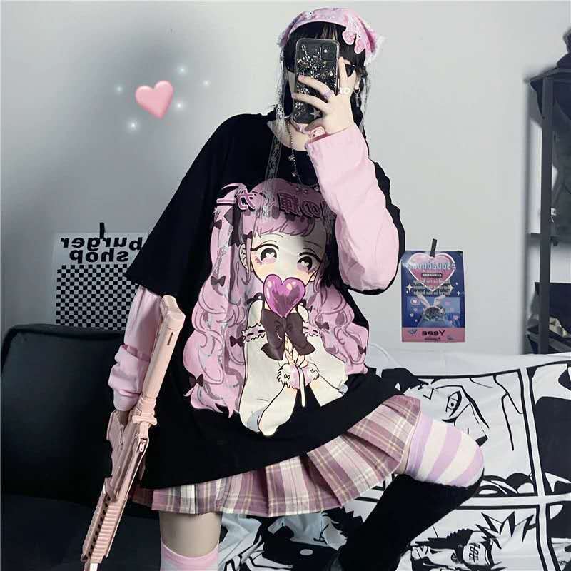 Femboy in femboy anime print long sleeve top femboy fashion