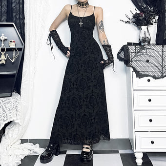Black Cross Print Sleeveless Maxi Femboy Gothic Dress