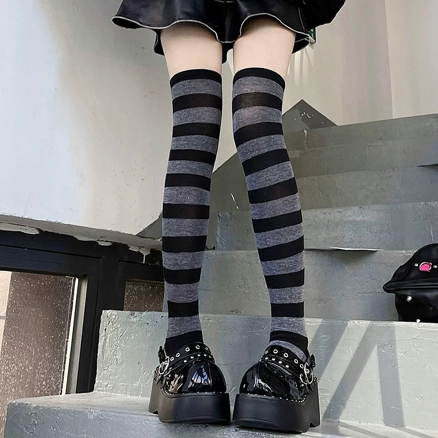 Femboy Wear Gray And Black Striped Thigh High Socks With Black Shoes