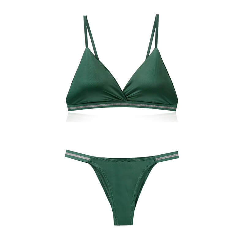 Femboy in green satin bra and bikini panty set