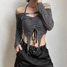 Grey Long Sleeve Off Shoulder Crop Top - Femboy Fashion