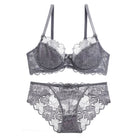 Femboy in grey sexy sheer floral lace bra and panty set