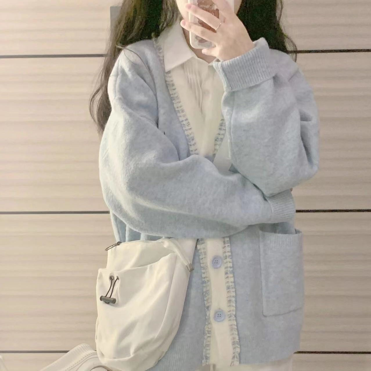 Femboy in Light Blue V Neck Cardigan Sweater - Femboy Fashion