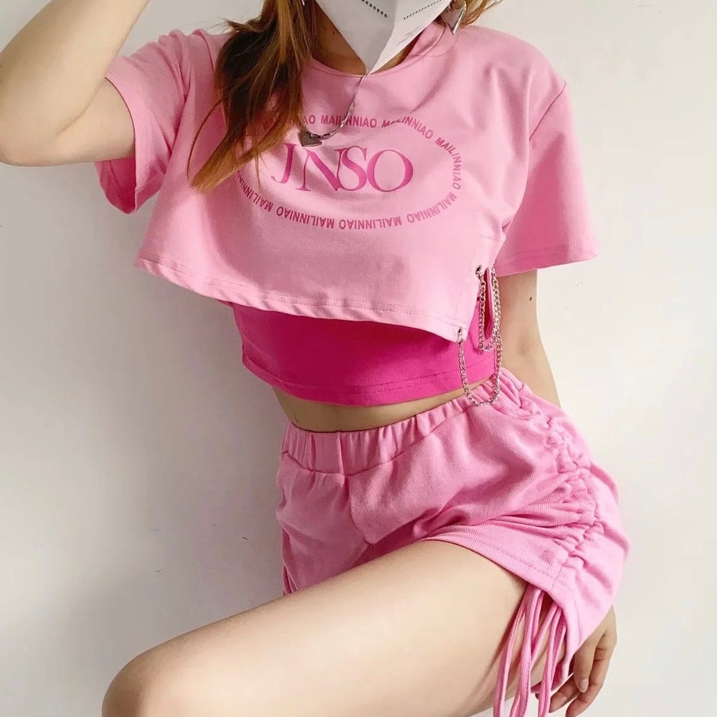 Femboy wear a pink fashion tank top with crop top with pink short