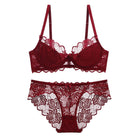 Femboy in red sexy sheer floral lace bra and panty set