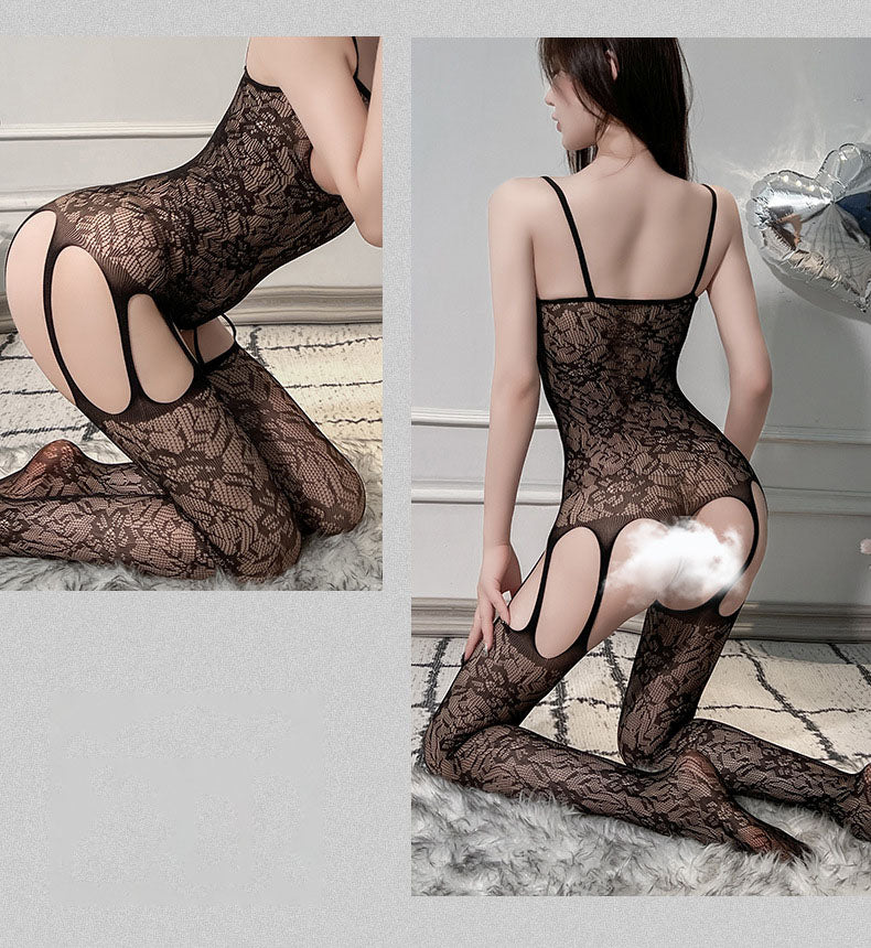 Femboy in sexy black floral lace cutout halter bodystocking front