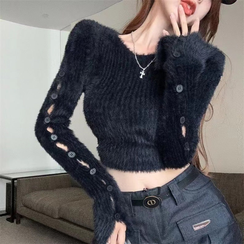 Femboy in solid cropped crew neck sweater front