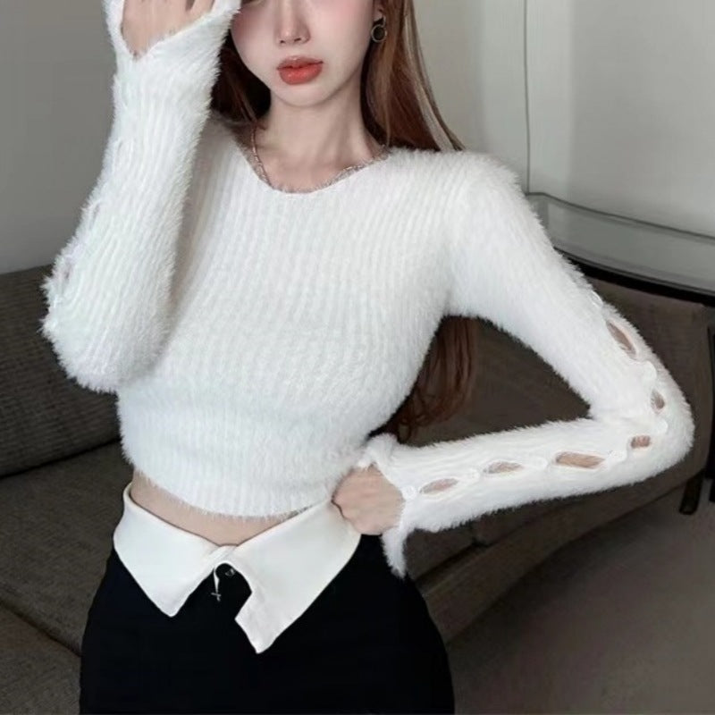 Femboy in solid cropped crew neck sweater side