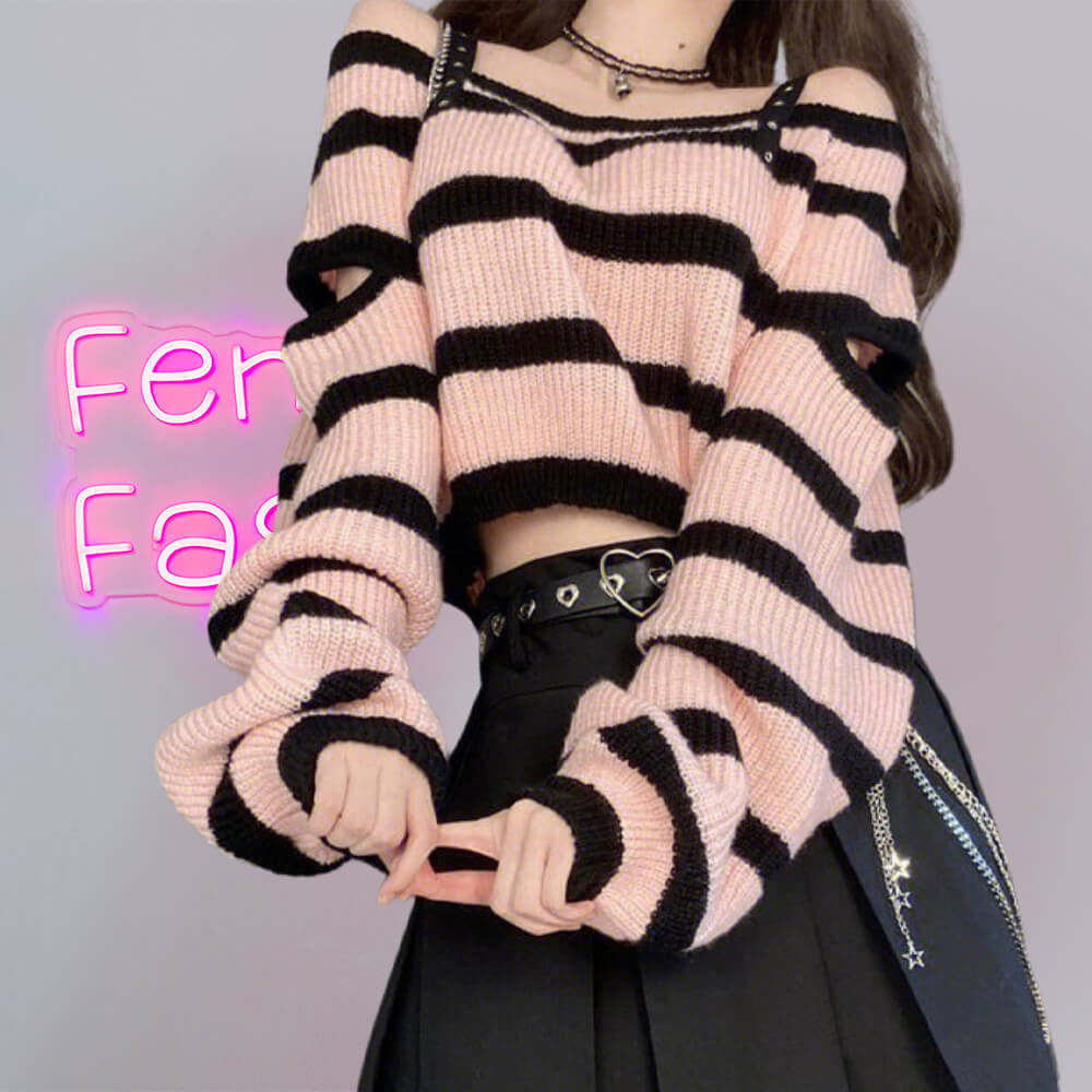 Femboy in Sweet Black And Pink Off Shoulder Sweater